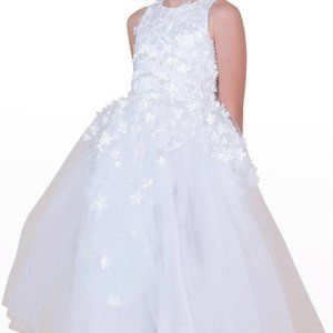 White Girl's 3D Flower Embellished Tulle Dress - Size 7